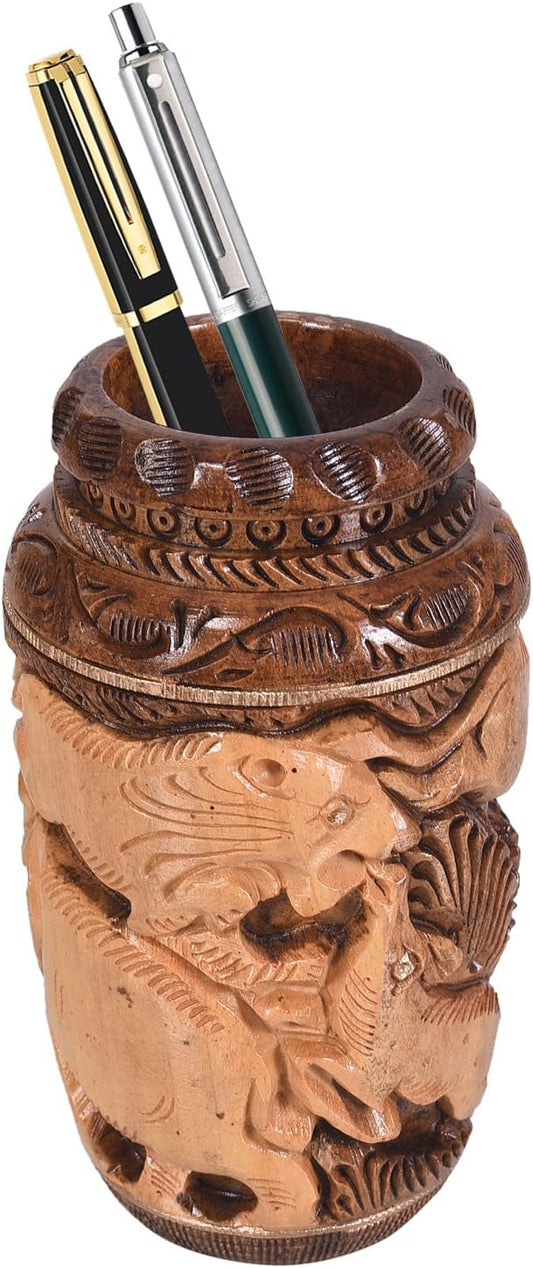 Craft Trade Hand Carved Wood Pen Holder for Desk Organizer for Home School Office Supplies Pencil Cup Pot Storage Box Suitable for Stationery - Vintage Wood