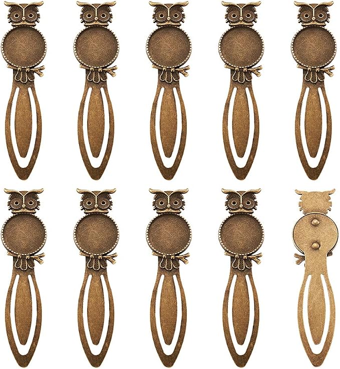 FASHEWELRY 10Pcs Antique Bronze Bookmark Pendant Blank Tray 3/4 inch (20mm) Round Bezel Base Cabochon Setting Charms (Owl)