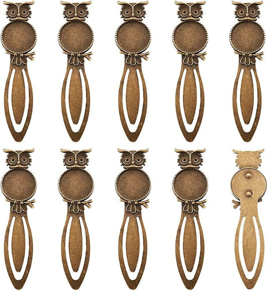 FASHEWELRY 10Pcs Antique Bronze Bookmark Pendant Blank Tray 3/4 inch (20mm) Round Bezel Base Cabochon Setting Charms (Owl)