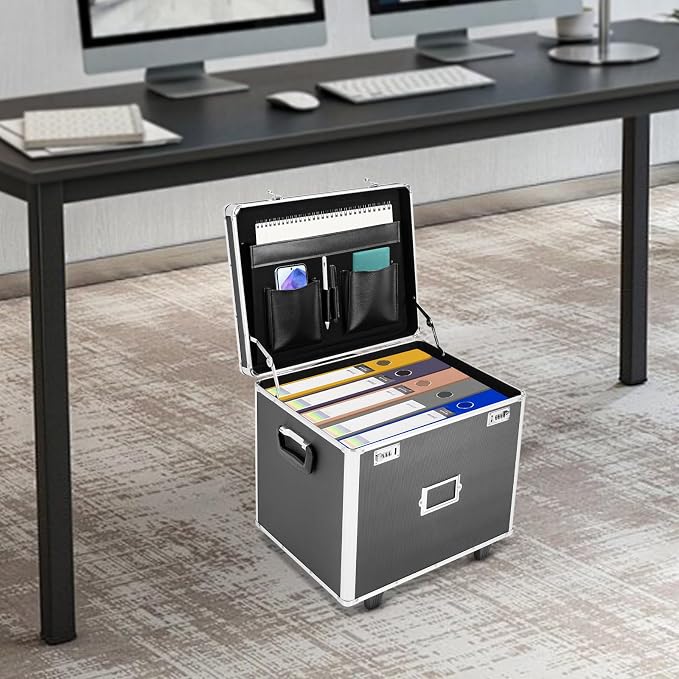 Aluminum Alloy File Organizer Box Mobile Document Box with Wheels, Hand Pull Locking File Case File Cabinet for Home Office Hospitals Banks School (Black)