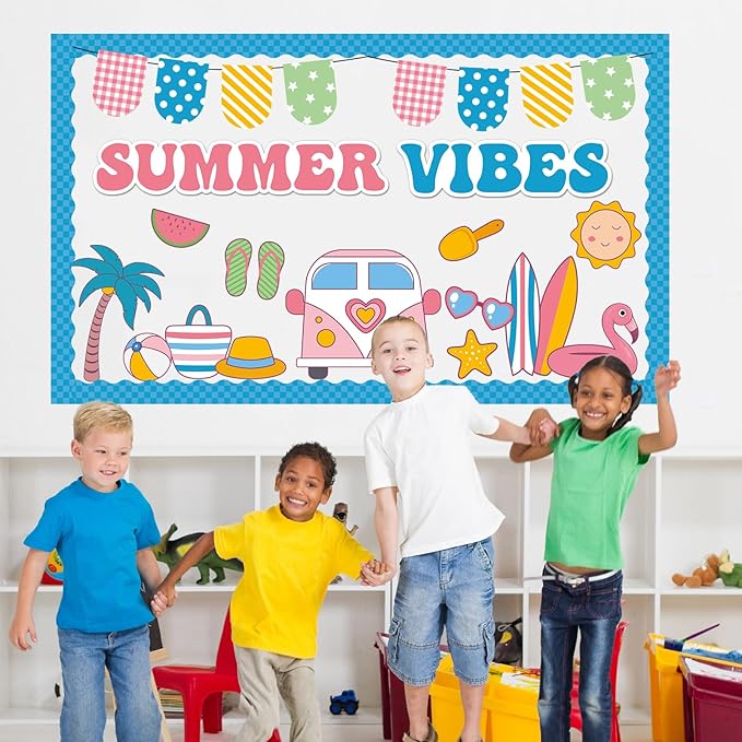 QOUBAI Hello Summer Bulletin Board Set Beach Theme Classroom Bulletin Board Decorations Surfing Tropical Palm Cutouts for Back to School Bus Teacher Supplies Nursery Home Chalkboard Wall Door Decor