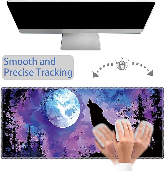 Mouse Pad Gaming Mousepad 31.5x11.8 Inch XXL Large + Coasters,Desk Mat with Stitched Edges, Non-Slip Rubber Base, Thick Mouse Pad for Computer, Laptop, Office & Home - Night Moon Wolf
