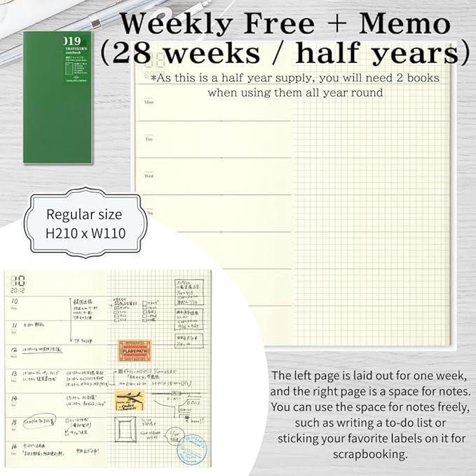 Traveler's Notebook Refill Set – 017 Monthly + 019 Weekly Memo + Bonus Random Washi Tape (3 Roll) – Undated Planner Inserts, Journal Gift Idea