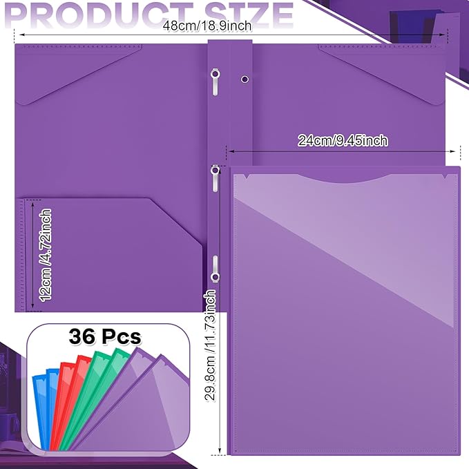 Henoyso 36 Pcs Plastic Folder with Clear Front Pocket and 3 Prong Plastic Folders with Card Slot Pocket Folders with Prongs for School Office (Multicolor)