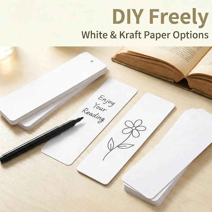 WANDIC 60 Pcs Blank Bookmarks, White Bookmarks with 60 Pcs Colorful Tassels Thick Cardstock Paper Bookmark with Hole for DIY Craft Supplies Gift Tags Book Decor