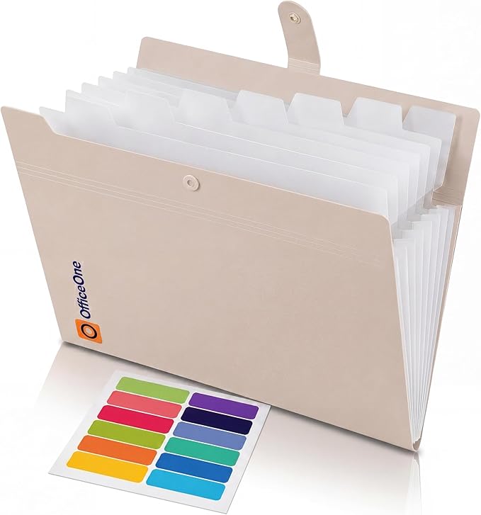 OfficeOne 8-Pocket Expanding File Folder, A4 Letter Size Accordion Document Organizer with Snap Closure, Labeled Tabs & Customizable Color-Coding Stickers, Home Office School (Soft Cream)
