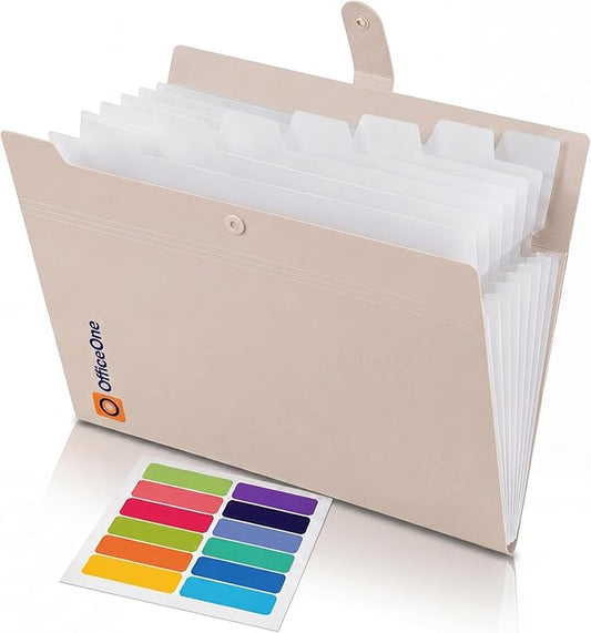 OfficeOne 8-Pocket Expanding File Folder, A4 Letter Size Accordion Document Organizer with Snap Closure, Labeled Tabs & Customizable Color-Coding Stickers, Home Office School (Soft Cream)