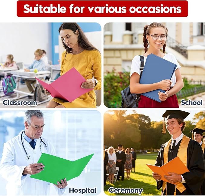 100 Pack Multicolor Paper Pocket Folders, 2 Pocket File Folders Letter Size, Heavy Duty Bulk Folders with Business Card Slot for Office, Classroom and School, Business, Home Use, Assorted 5 Colored