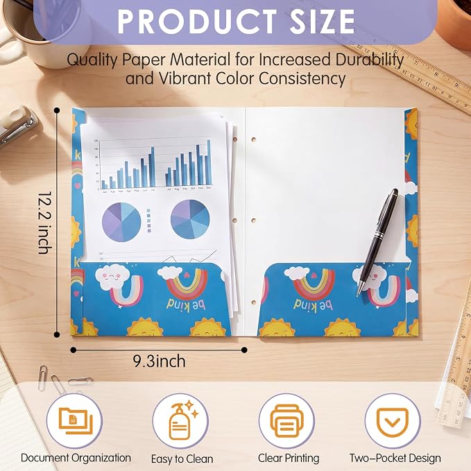 Marspark 12 Pack Pocket Folders for Girls School Folder with Pocket 3 Hole and 2 Pockets Compatible File Holder Heavy Duty Fun Trendy Design for Back to School Office Elementary Classroom Filing