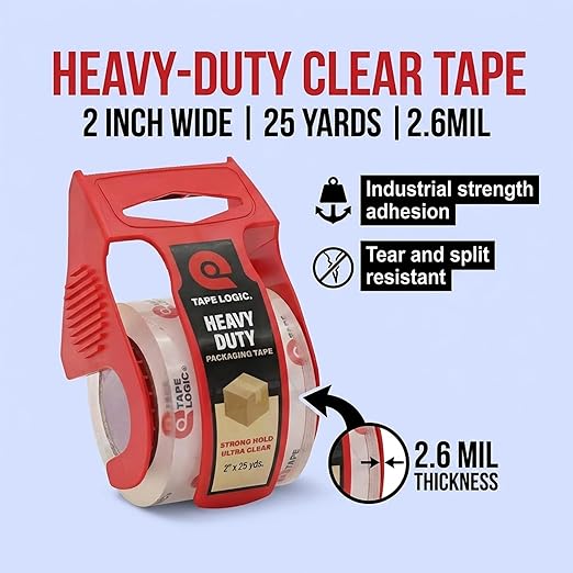 Tape Logic Heavy Duty Packing Tape with Dispenser (1 Pack) – 2.6 Mil Thick Clear Shipping Tape, 2 in x 25 yd – Strong Industrial Adhesive for Moving Boxes, Mailing, & Shipping Packaging