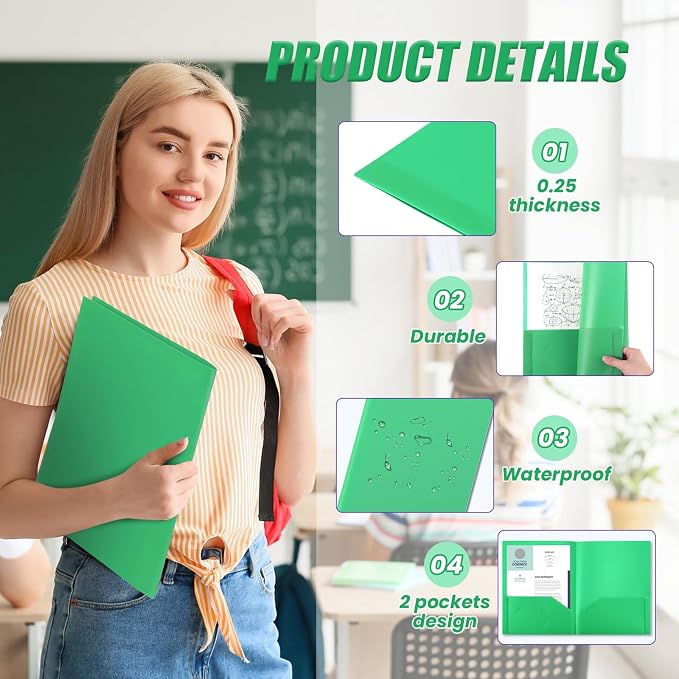 Gueevin 72 Pack Plastic Folder with Pockets, 2 Pocket Folders, Plastic Glossy Folders Fit Letter Size Paper, Heavy Duty Durable File Folder with Business Card for Home Office School (Green)