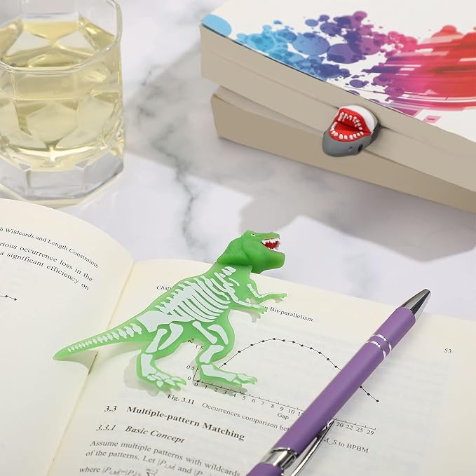 2 Pieces Shark Bookmark for Kids Boys Dinosaur Giant Cool Childrens 3D Luminous Cartoon Animal Bookmark, School Supplies(Dinosaur and Shark Style)