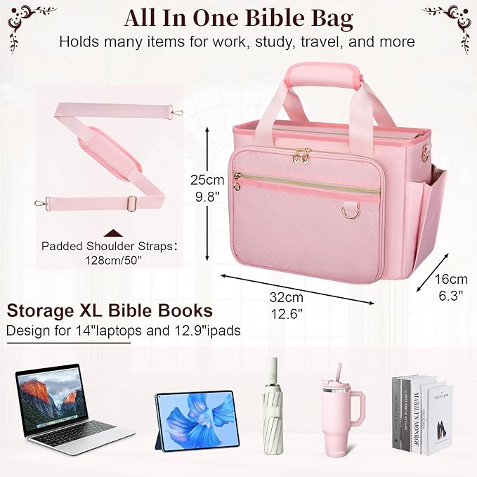Large Bible Cover Case for Women, Bible Cover with Book Sleeve, Thick Padded Bible Case, Working Bible Tote Bag with Laptop and Bottle Pockets, Church Bag, Bible Bag for Women, Girl, Pink