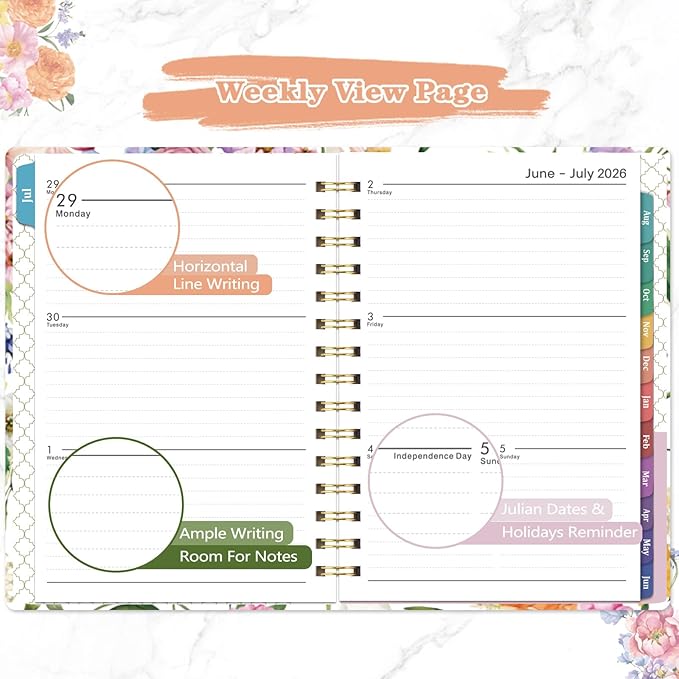 Planner 2026-2027 - Academic Planner 2026-2027, July 2026 - June 2027 Planner Weekly and Monthly Academic Year Planner Calendar, 8.4" x 6.3"，Colorful Tabs, Elastic Closure, Back Pocket, Floral