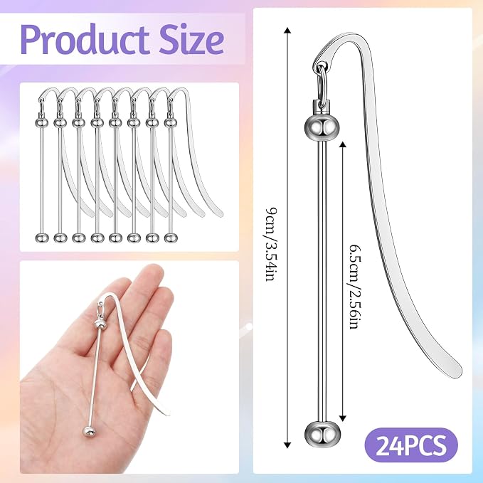 24 Pcs Beadable Bookmarks, DIY Blank Metal Bookmarks for Beads Craft Silver Pendant Charm Gifts for Teachers, Students, Book Lovers, Office Supplies