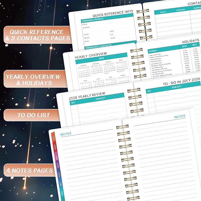 Pocket Calendar 2026-2027 - Pocket Planner 2026-2027, Jul. 2026 - Jun. 2027, 4.1'' × 6.8'', Weekly & Monthly Pocket Planner for Purse, Pocket Planner with 12 Colourful Monthly Tabs, Strong Twin-wire Binding, Galaxy Cover