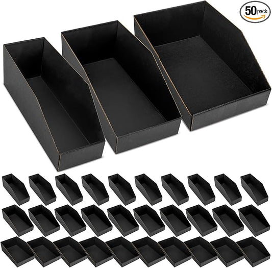 50 Pack Cardboard Storage Bins Assorted Sizes, Cardboard Boxes, 28 Pack 12x4x4.5, 14 Pcs 12x6x4.5, 8 Pcs 12x8x4.5 Corrugated Organizer Bins for Pantry, Shelves, Garage, Office, Shop