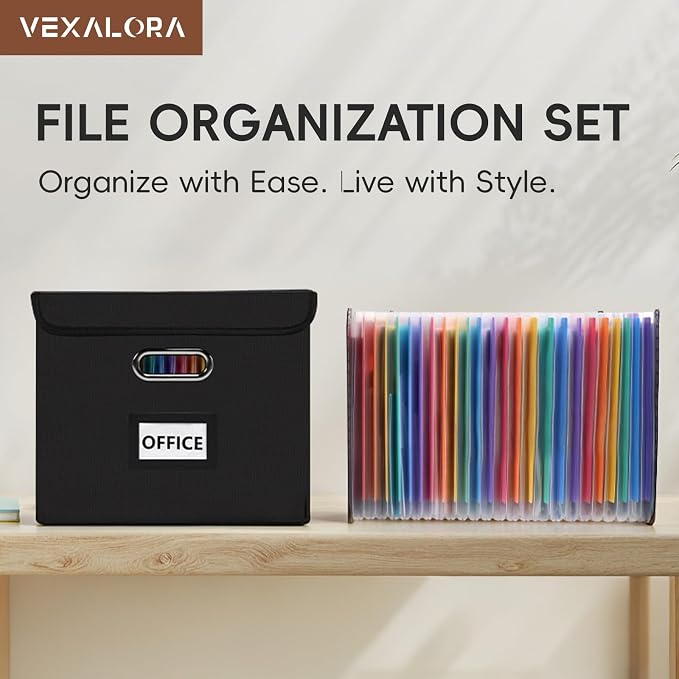 File Organizer Box with Folder, 25 Pockets Accordion File Organizer with Colored Labels, Upgraded & Portable File Folders for Home, Office, School, Black