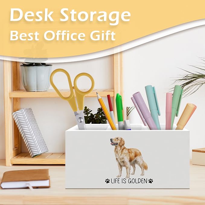 Golden Retriever Gifts Pen Pencil Holder, Dog Lover Gifts for Christmas Dog Lovers Women Girls, Inspirational Life Is Golden Wooden Pen Pencil Organizer for Home Office Bathroom Desk Decor