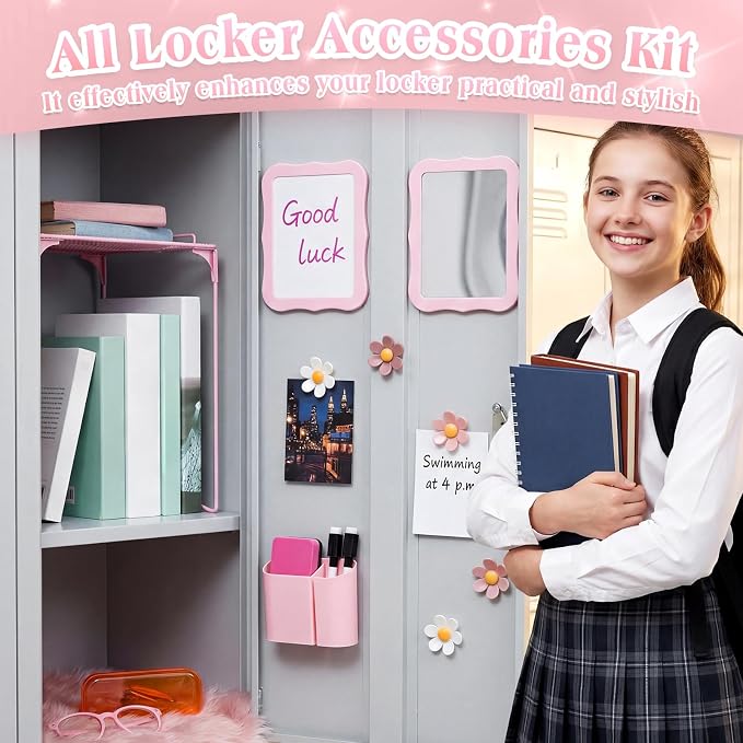 Colarr 16 Pcs Pink Locker Accessories for Girls Includes Magnetic Whiteboard & Mirror Locker Shelf Pen Holder 2 Dry Erase Marker & Eraser 9 Flowers for Back to School Essentials Decoration