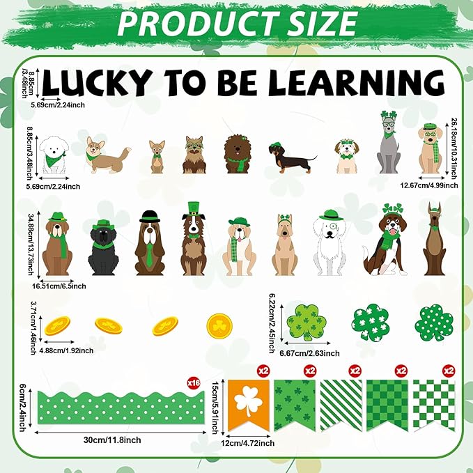 St. Patrick's Day Bulletin Board Set Pet Dog Learning Classroom Decoration Lucky Shamrock Gold Coin Paper Cutouts for St. Patrick's School Chalkboard Wall Decor Party Supplies