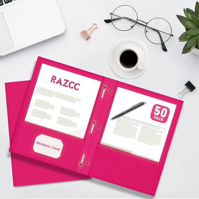 Two Pocket Folders, RAZCC 75 Pack Two Pocket Folders with Prongs, 3 Prong Folders Fit Letter Size Paper, Pocket File Folders for School Office Home Business, Magenta
