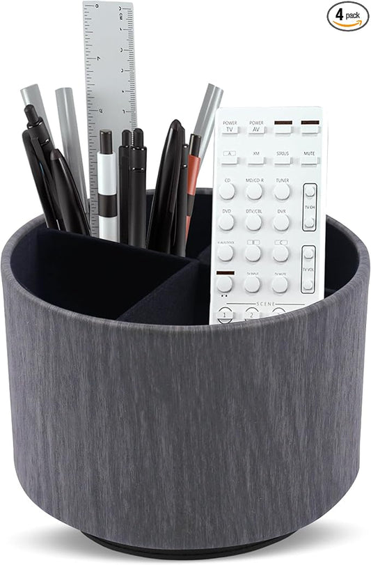 Round Leather Art Supply Organizer,Remote Control Holder,360 Degree Spinning,Multi-Functional Pencil Holder,4 Compartments Desktop Stationary Organizer(1-Thin Wood Black)