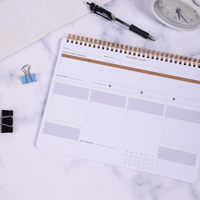 ZERONE CENTRE Productivity Weekly Planner - 54 Sheets Dashboard Spiral Deskpad Has 6 Focus Areas to List Tasks for Goals, Projects, Clients, Academic, or Shopping-Organize Your Daily Work Efficiently