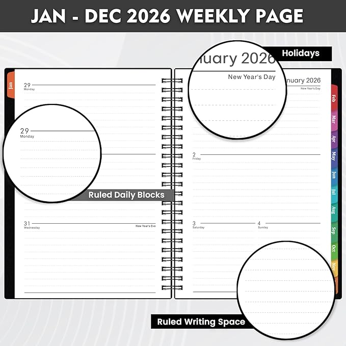 2026 Planner - 2026 Weekly Monthly Planner from Jan. 2026 - Dec. 2026, 2026 Calendar Planners with Colorful Tabs, Inner Pocket, 8.5" x 6.4" - Black