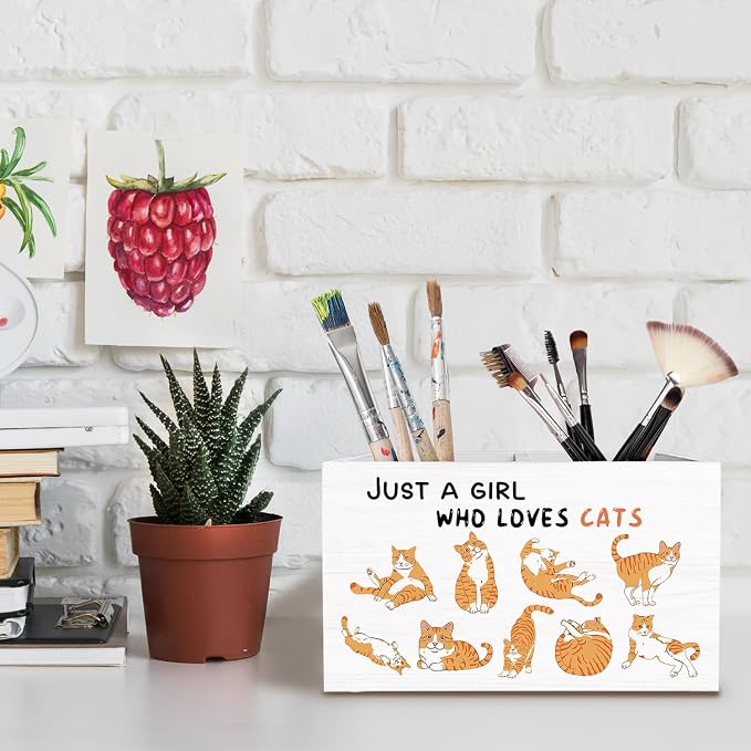 Cute Orange Cat Pen Holder for Desk, Cat Lover Mom Lady Owner Gifts Pencil Organizer, Just a Girl Who Loves Cats Wooden Box Sign Desk Decor for Girls Room Home Office Decoration