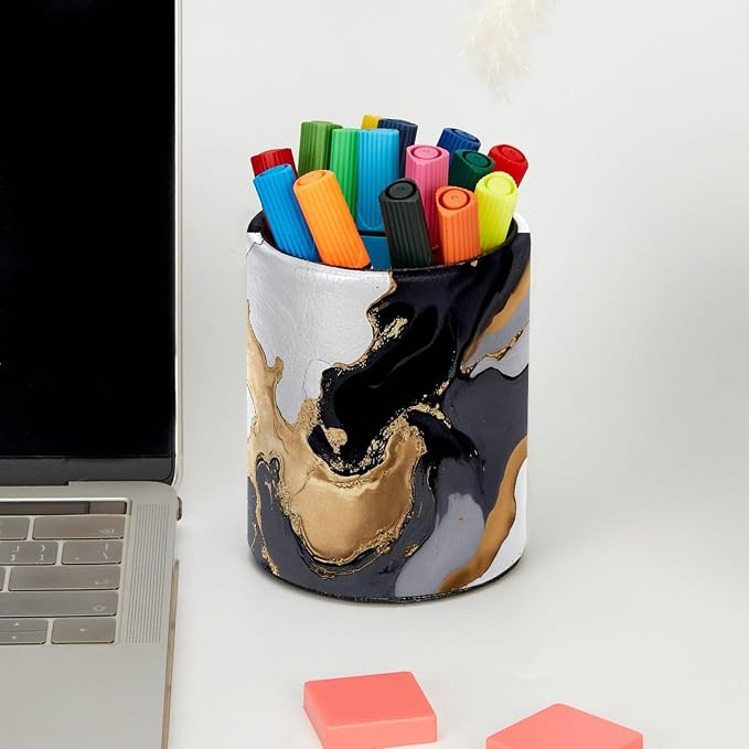 Leather Pen Holder for Desk, Black Marble Makeup Brushes Holder Pencil Cup Multifunctional Desktop Organizer Caddy for Home School Office Desk Accessories