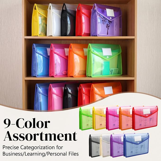 Handepo 50 PCS Plastic Expanding File Folder Bulk - A4 Size Colorful Transparent Large-Capacity Portable Documents Envelopes with Snap Closure for Office, Business, School Supplies - No Dividers