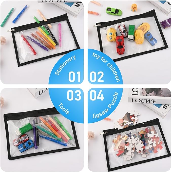 8Pcs Clear Zipper Pouches, Waterproof Pencil, Pen Bags, PVC Travel Toiletry Makeup Storage, Envelopes, File Folder Storages, Multi Purpose Pouch Office Supplies(Black Edging,11.5 x 7 Inches)