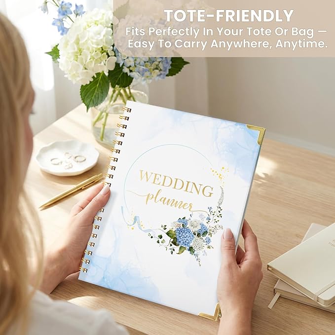 Hydrangea Wedding Planner Book and Organizer, Bridal Wedding Planning Binder with Tabs, Pockets, Checklists, Calendars, Engagement Gift for Newly Engaged Couples, 8x10.8"