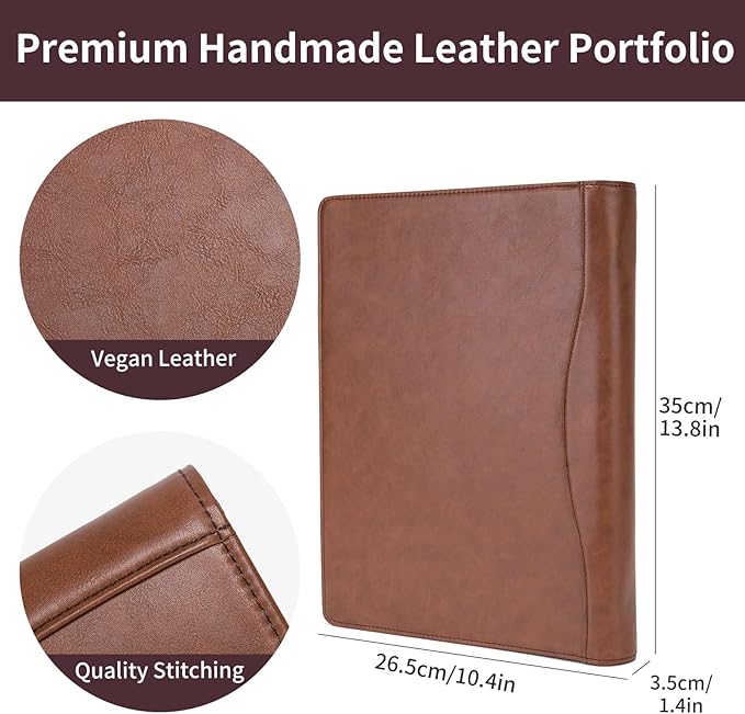 Vegan Leather 3 Ring Binder, 8.5 x 11 Letter Size Folio with Pen Holder, Soft Notebook Portfolio Cover, Slim Notepad Padfolio Thin File Organizer for Work Executive Meeting, Brown