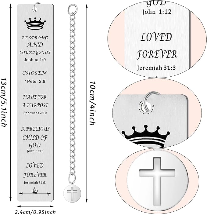 Fainne 5 Pcs Bible Verse Metal Bookmark Christian Gifts for Women Men Baptism Inspirational Religious Bookmarks with Church Cross Chain Scripture for First Communion Book Lovers Christian Gift(Silver)