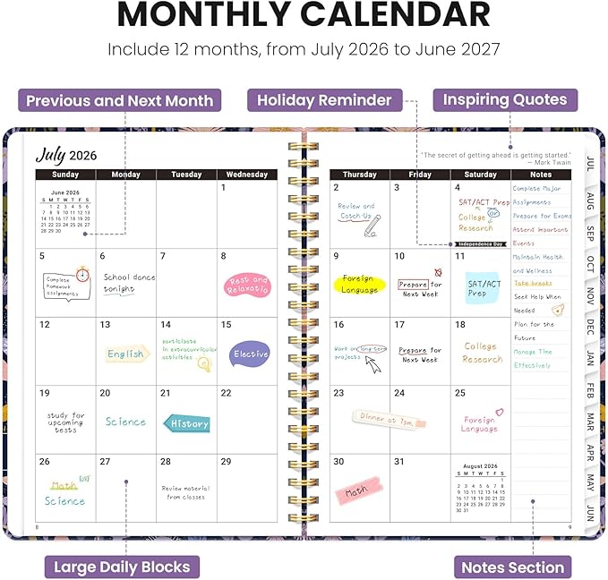 2026–2027 Academic Planner, Weekly and Monthly Planner for Women, July 2026 - June 2027, Pretty Hardcover 2026–2027 Academic Planner with Tabs, Inner Pocket, Spiral Bound, Perfect Office Home School Supplies - 6.3" x 8.5", Mushroom Garden