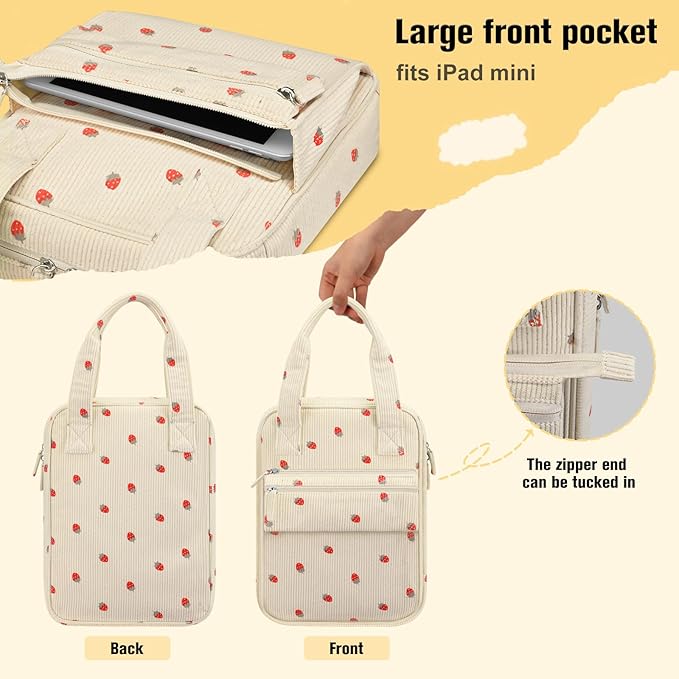 FINPAC Bible Cover Case Tote Bag Water-Resistant Bible Carrying Case Christian Gifts for Church Study Supplies, Corduroy Strawberry