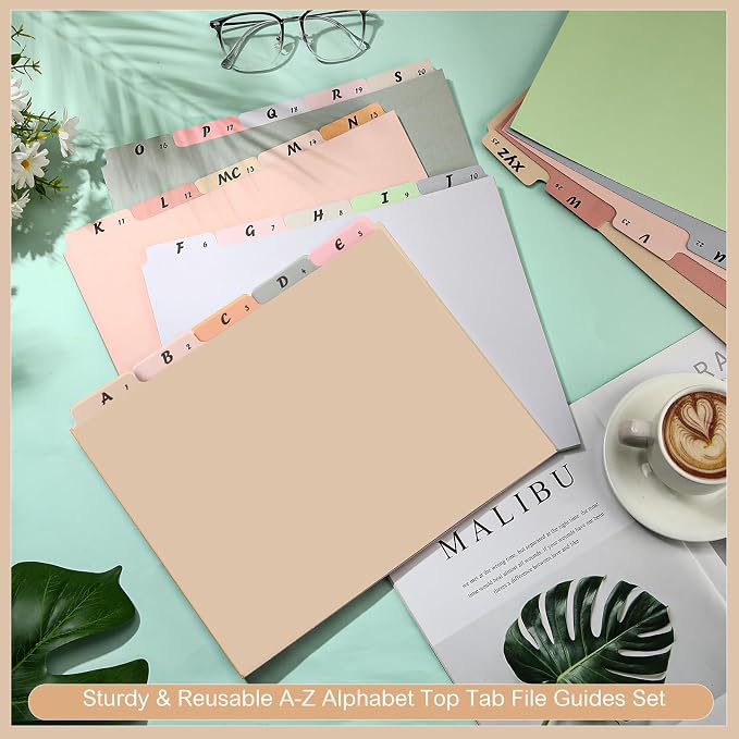 1 Set 25 Pack Alphabet File Dividers Letter Size, 1/5 Cut Tab A-z File Guides Number Folder Organizer for Filing Cabinet and Desk Home Office School(Classic Color)