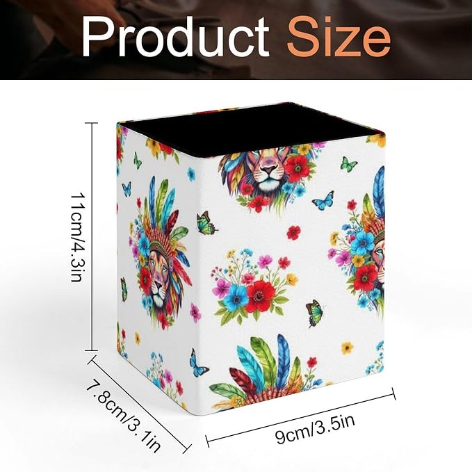 Holder Cup Makeup Brush Storage Organizer, Waterproof Multifunctional Office Supplies, Pen Holder Square Leather Pencil Colorful Lion Flowers Floral White Art