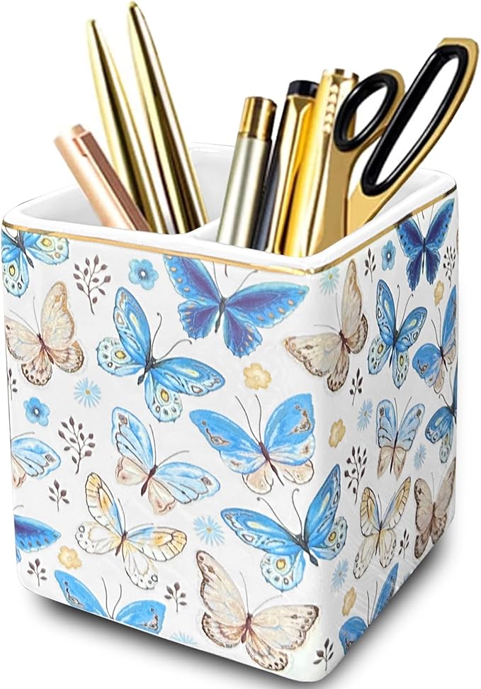 Pen Holder for Desk, Ceramic 2 Compartments Gold Blue Butterfly Pencil Holder Desk Organizer Storage Desktop Accessory Office School Home Pen Cup for Countertop
