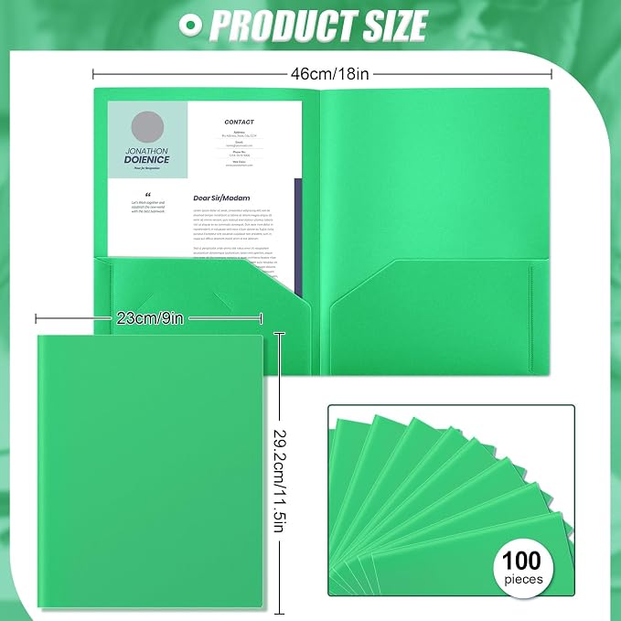Gueevin 100 Pack Plastic Folder with Pockets, 2 Pocket Folders, Plastic Glossy Folders Fit Letter Size Paper, Heavy Duty Durable File Folder with Business Card for Home Office School (Green)