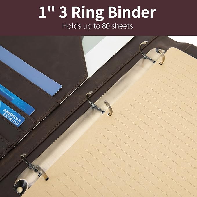 Genuine Leather 3 Ring Binder, 8.5 x 11 Letter Size Folio with Pen Holder, Soft Notebook Portfolio Cover, Slim Notepad Padfolio Thin File Organizer for Work Executive Meeting, Dark Khaki