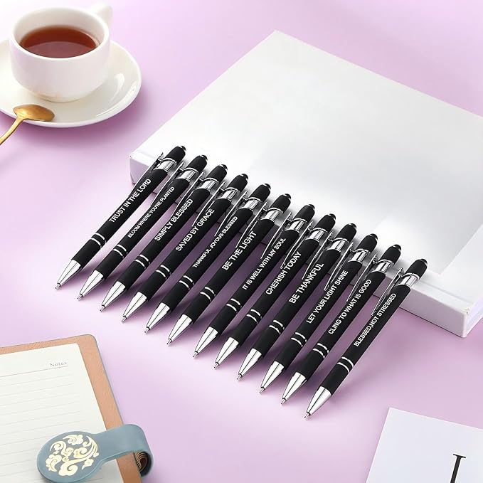Zonon 12 Pcs Inspirational Pens Gift Set Funny Ballpoint Pen with Stylus Tip Motivational Graduation Gifts Bulk for Teacher Coworkers Nurse School Office Supplies(Black,Bible Style)