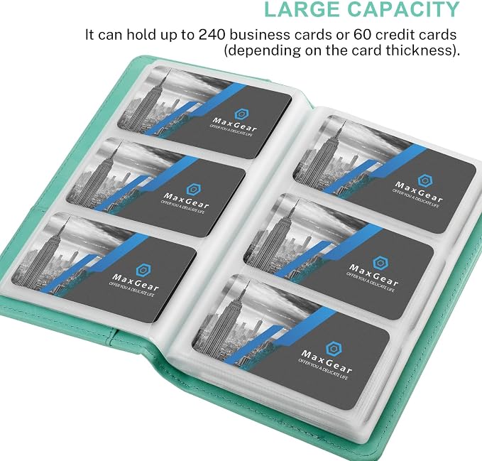 MaxGear Business Card Organizer Book, Holds 240 Cards, Portable PU Leather Business Card Holder with Clear Sleeves, Professional Card Binder for Office, Meetings, Networking, Turquoise