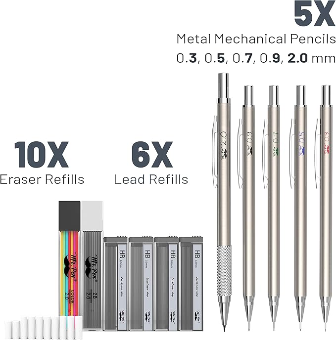 Mr. Pen- Metal Mechanical Pencil Set with Lead and Eraser Refills, 5 Sizes, 0.3, 0.5, 0.7, 0.9, 2mm, Drafting, Sketching, Architecture, Drawing Metal Mechanical Pencils