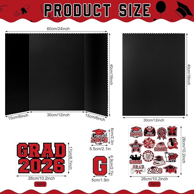 4 Set Graduation Photo Display Board, Class of 2026 Black Red Trifold Poster Board with Grad Pattern Stickers, Graduation Photo Props Collage for Multiple Pictures Party Decorations, 16x24 Inch