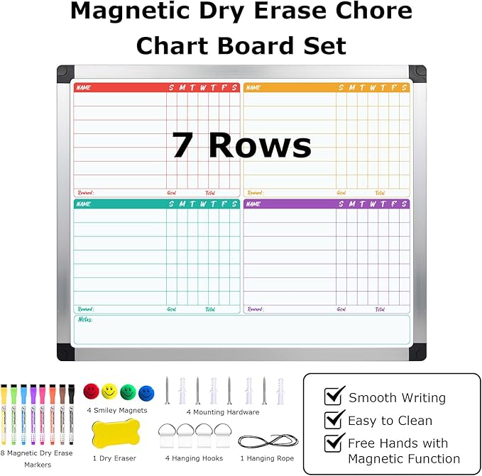EAONE 16 x 12.6 in Magnetic Dry Erase Chore Chart & Whiteboard for Multiple Kids/Teens/Adults, Double Sided Chore Board Weekly Calendar for Wall, Aluminum Frame, 8 Markers, 4 Magnetic Pins, 1 Eraser
