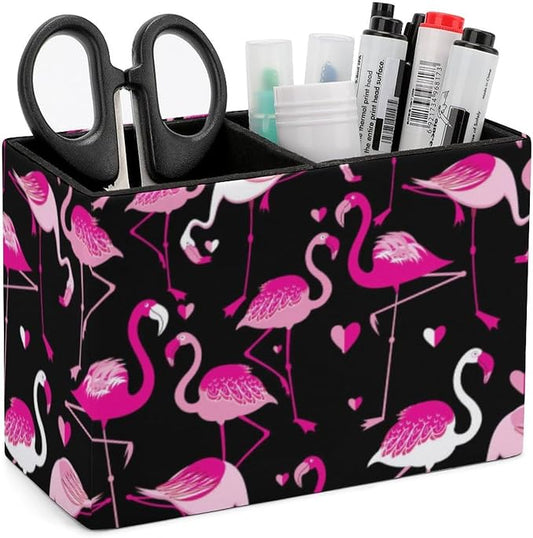 Desk Organizer Pen Holder Pink Love Heart Flamingo with Anti Slip Bottom, Decoration Office Desk Square Brush Pot, Multi-Functional PU Leather Pen Container