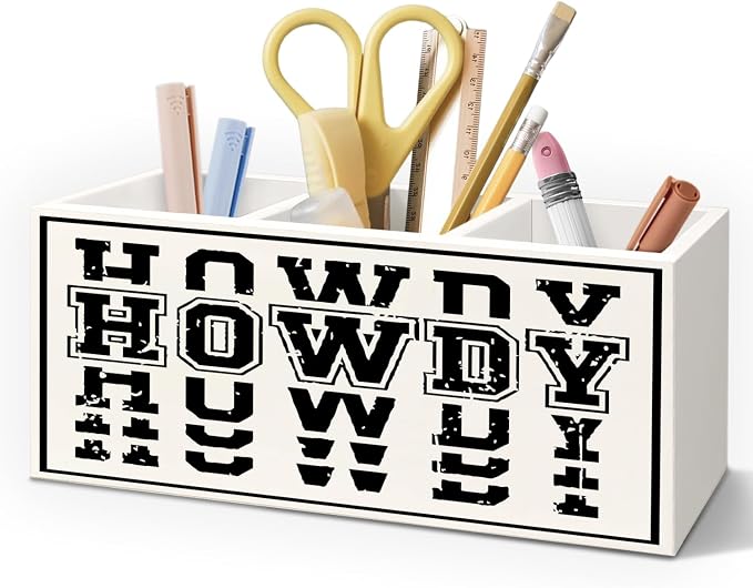Western Office Decor Wooden Pen Pencil Holder for Desk Accessories, Western Gifts for Women Men, Retro Howdy Makeup Brush Toothbrush Holder Organizer for Vanity Bathroom